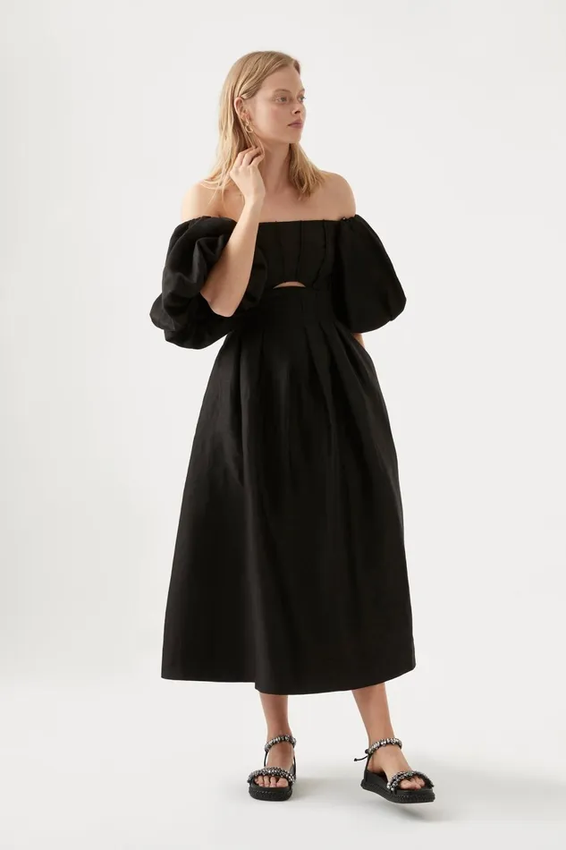Women Eugenie Off Shoulder Midi Dress Black Aje Dresses