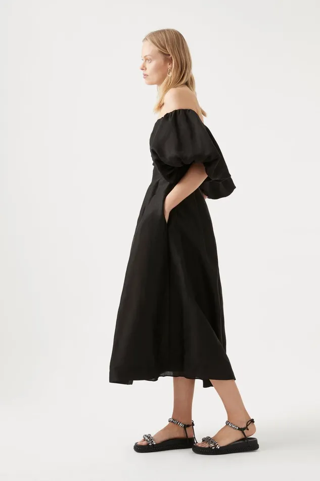 Women Eugenie Off Shoulder Midi Dress Black Aje Dresses