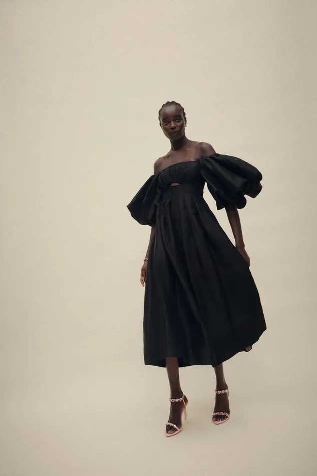 Women Eugenie Off Shoulder Midi Dress Black Aje Dresses