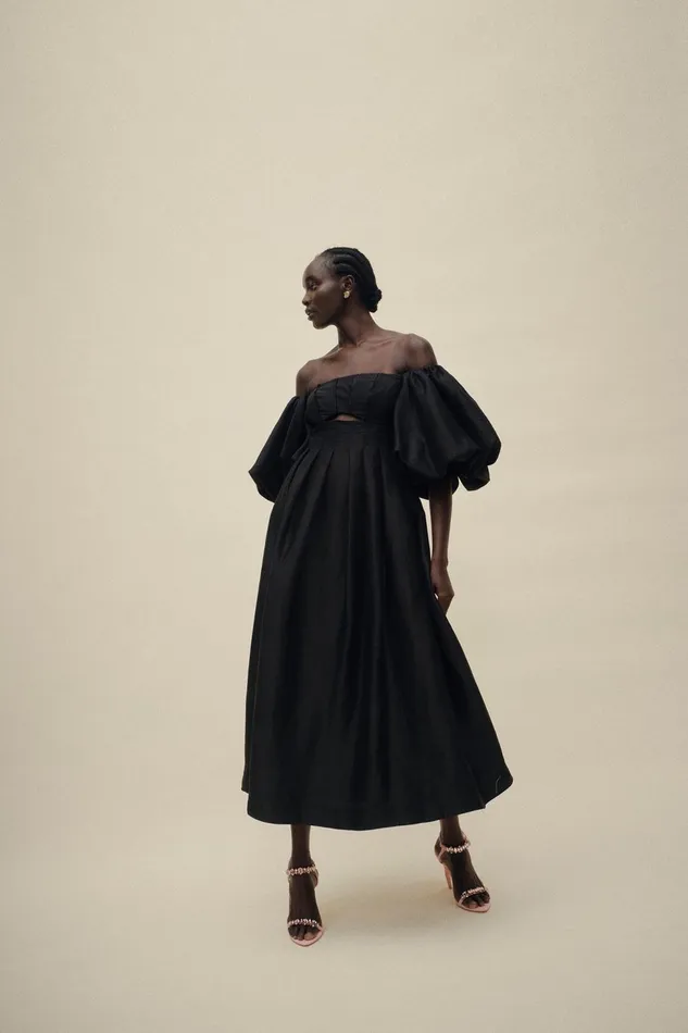 Women Eugenie Off Shoulder Midi Dress Black Aje Dresses