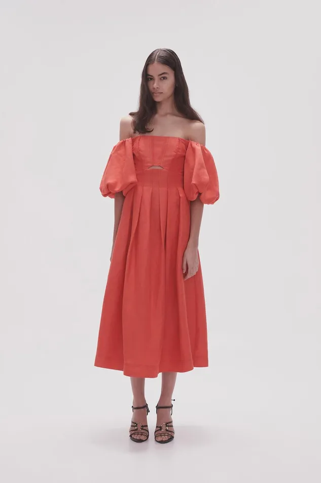 Women Eugenie Off Shoulder Midi Dress Scarlet Red Aje Dresses