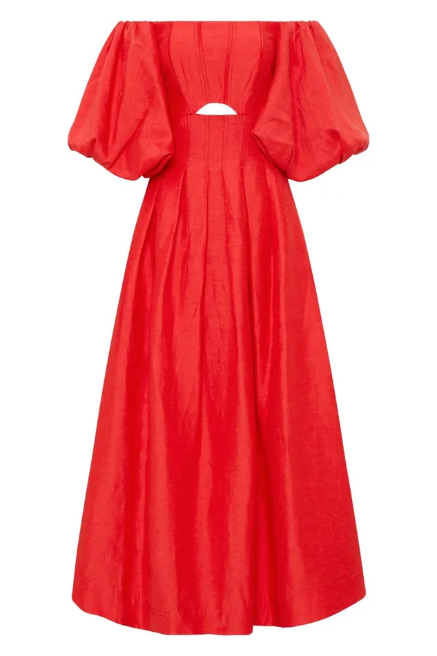 Women Eugenie Off Shoulder Midi Dress Scarlet Red Aje Dresses