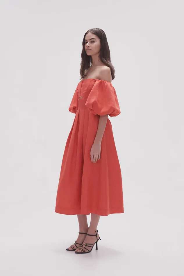 Women Eugenie Off Shoulder Midi Dress Scarlet Red Aje Dresses
