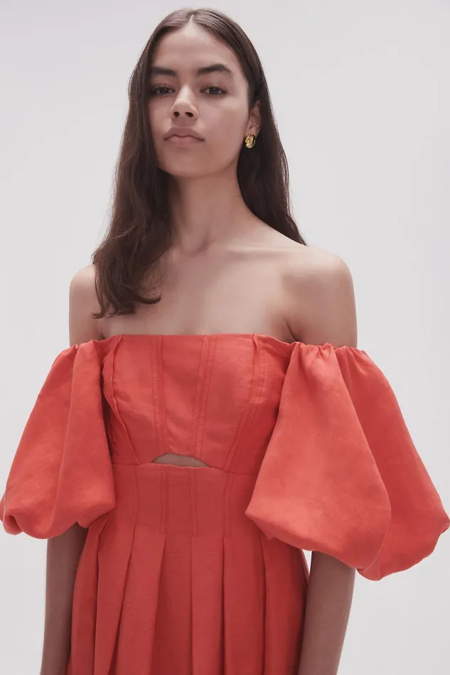 Women Eugenie Off Shoulder Midi Dress Scarlet Red Aje Dresses