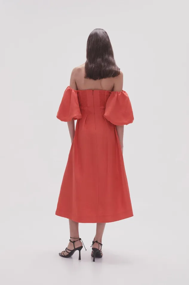 Women Eugenie Off Shoulder Midi Dress Scarlet Red Aje Dresses