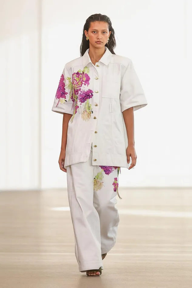 Women Flora Detail Denim Shirt White Aje Tops