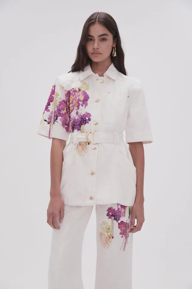 Women Flora Detail Denim Shirt White Aje Tops