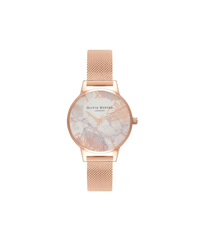 Women Floral Watches Olivia Burton 30mm White and Rose Gold Mesh Watch