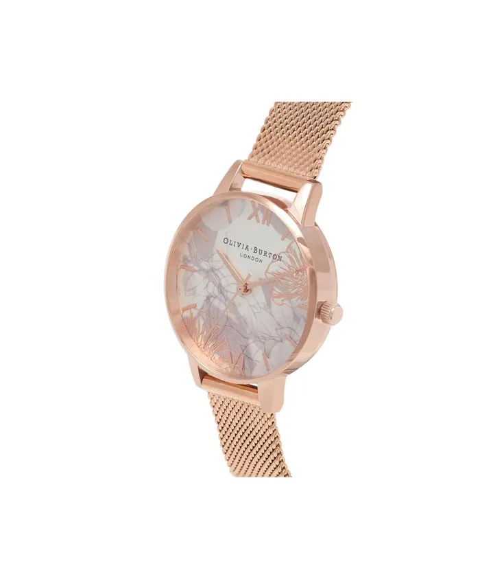 Women Floral Watches Olivia Burton 30mm White and Rose Gold Mesh Watch