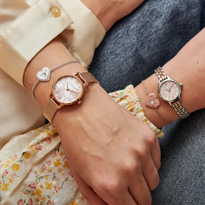 Women Floral Watches Olivia Burton 30mm White and Rose Gold Mesh Watch