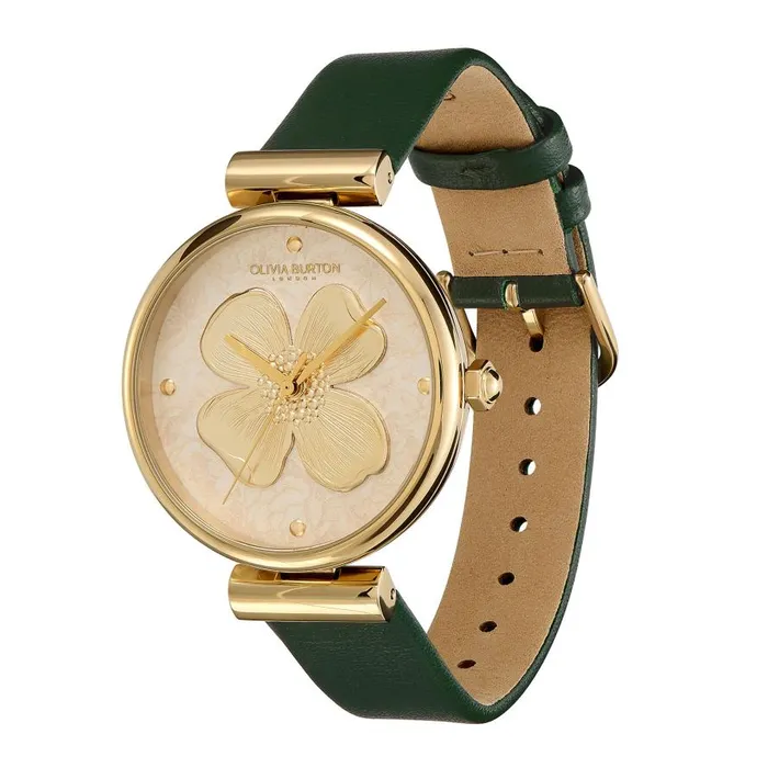 Women Floral Watches Olivia Burton 36mm Dogwood TBar Gold and Green Leather Strap Watch Women Floral Watches Olivia Burton 36mm Dogwood TBar Gold and Green Leather Strap Watch