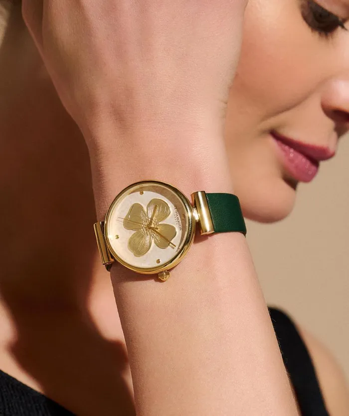 Women Floral Watches Olivia Burton 36mm Dogwood TBar Gold and Green Leather Strap Watch Women Floral Watches Olivia Burton 36mm Dogwood TBar Gold and Green Leather Strap Watch
