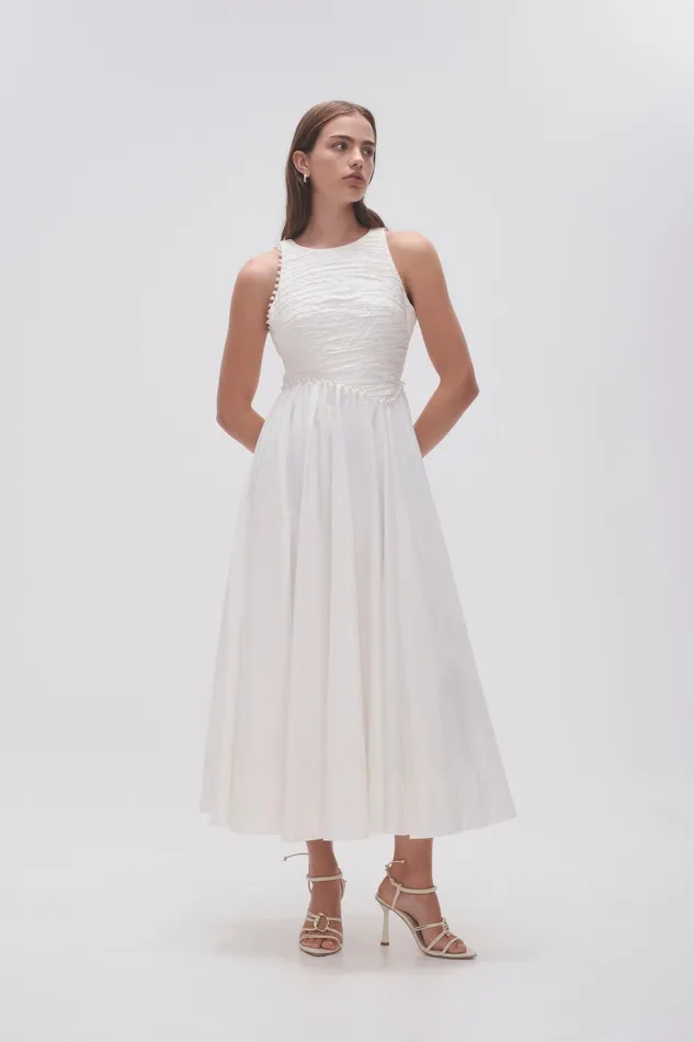 Women Florence Pearl Trim Midi Dress Ivory Aje Dresses