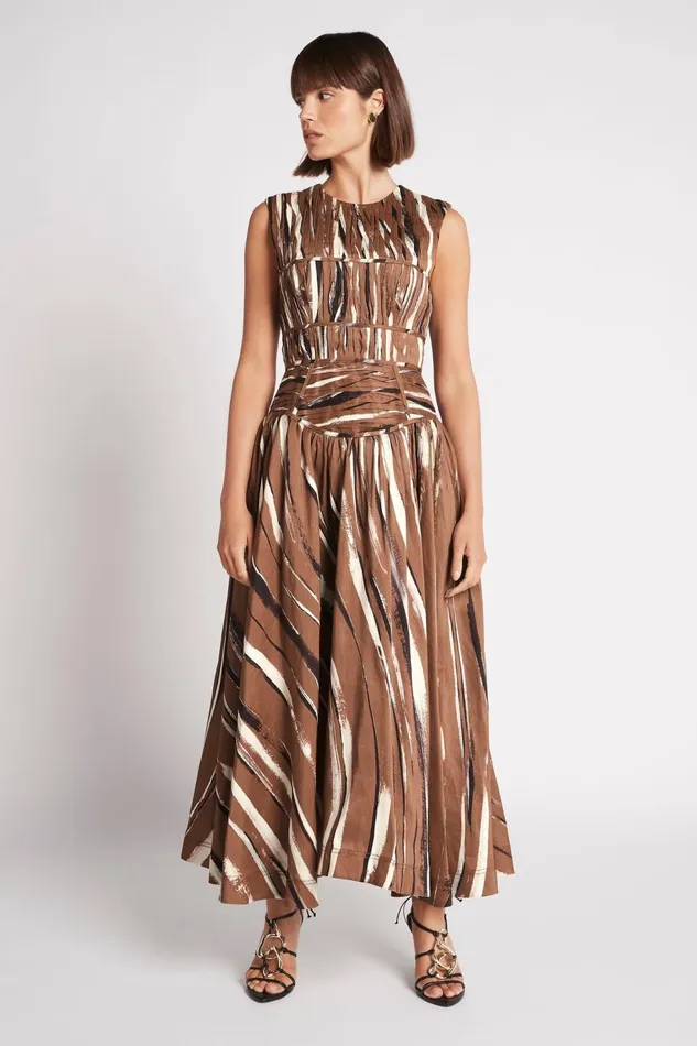 Women Gabrielle Midi Dress Neutral Stripe Print Aje Dresses