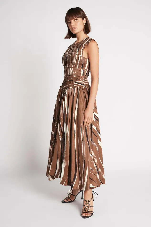 Women Gabrielle Midi Dress Neutral Stripe Print Aje Dresses