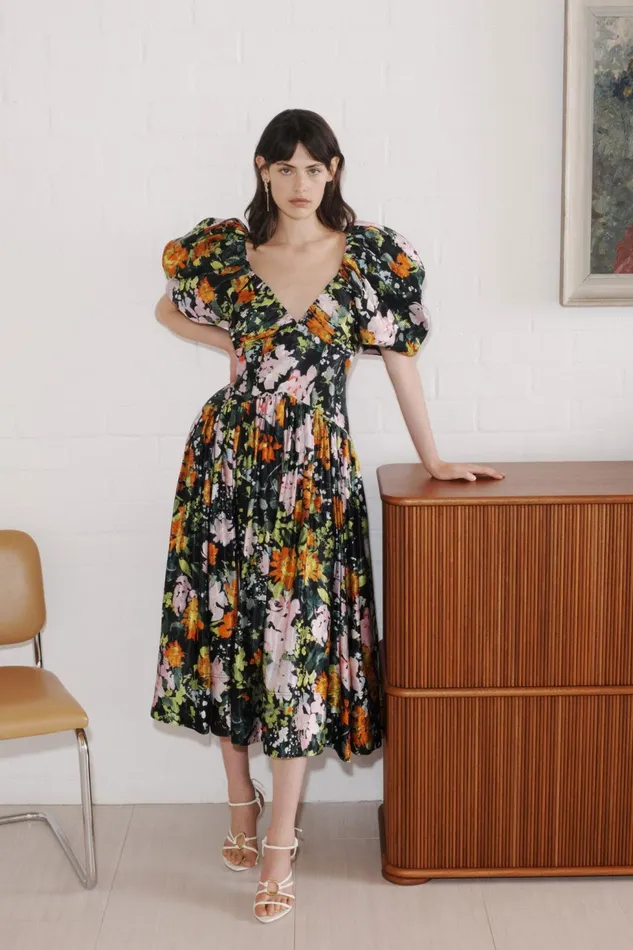 Women Gabrielle Plunge Midi Dress Midnight Floral Aje Dresses