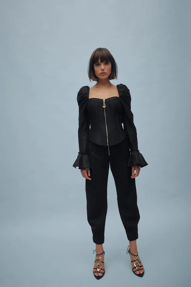 Women Giselle Long Sleeve Corset Top Black Aje Tops