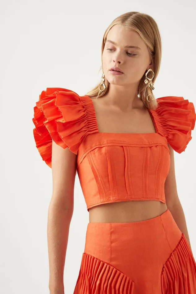 Women Imagination Frill Sleeve Top Orange Aje Tops