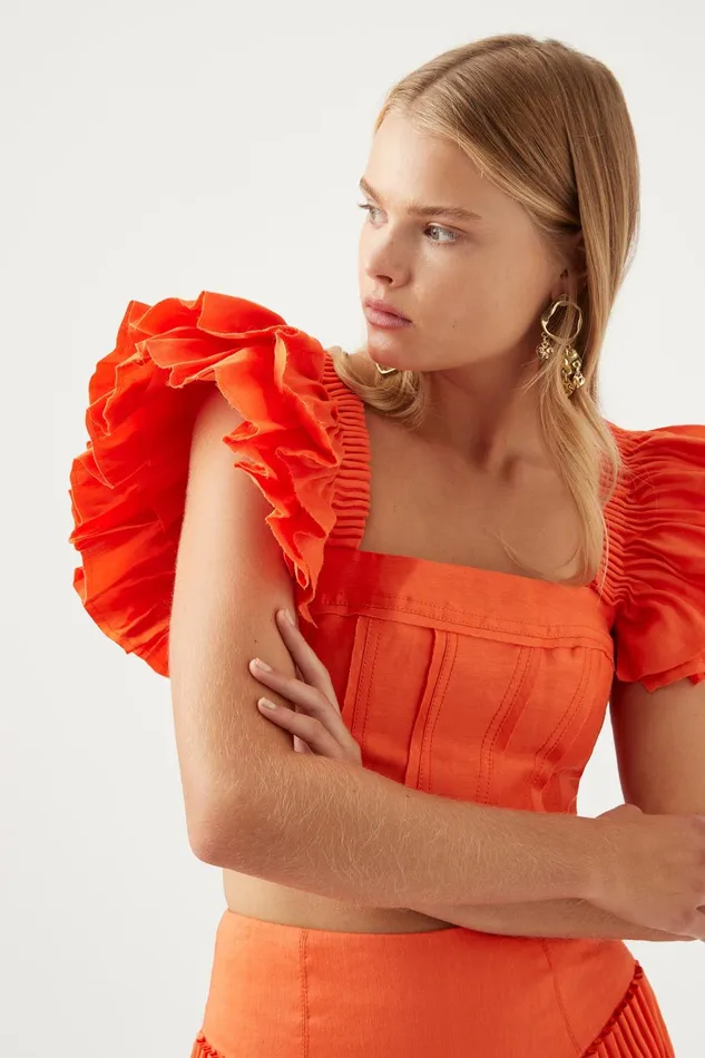 Women Imagination Frill Sleeve Top Orange Aje Tops