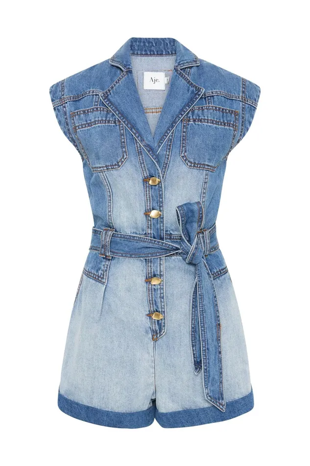 Women Ines Panelled Denim Playsuit Twin Tone Indigo Aje Denim