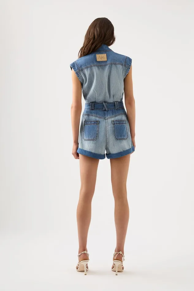 Women Ines Panelled Denim Playsuit Twin Tone Indigo Aje Denim