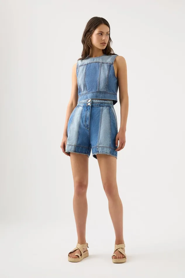 Women Ines Panelled Denim Shorts Twin Tone Indigo Aje Denim