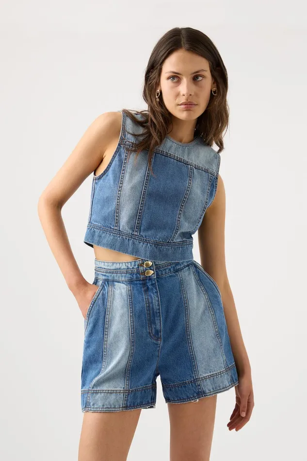 Women Ines Panelled Denim Shorts Twin Tone Indigo Aje Shorts