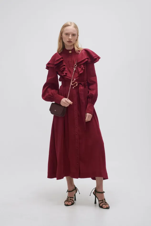 Women Isabella Belted Midi Dress Mahogany Red Aje Dresses