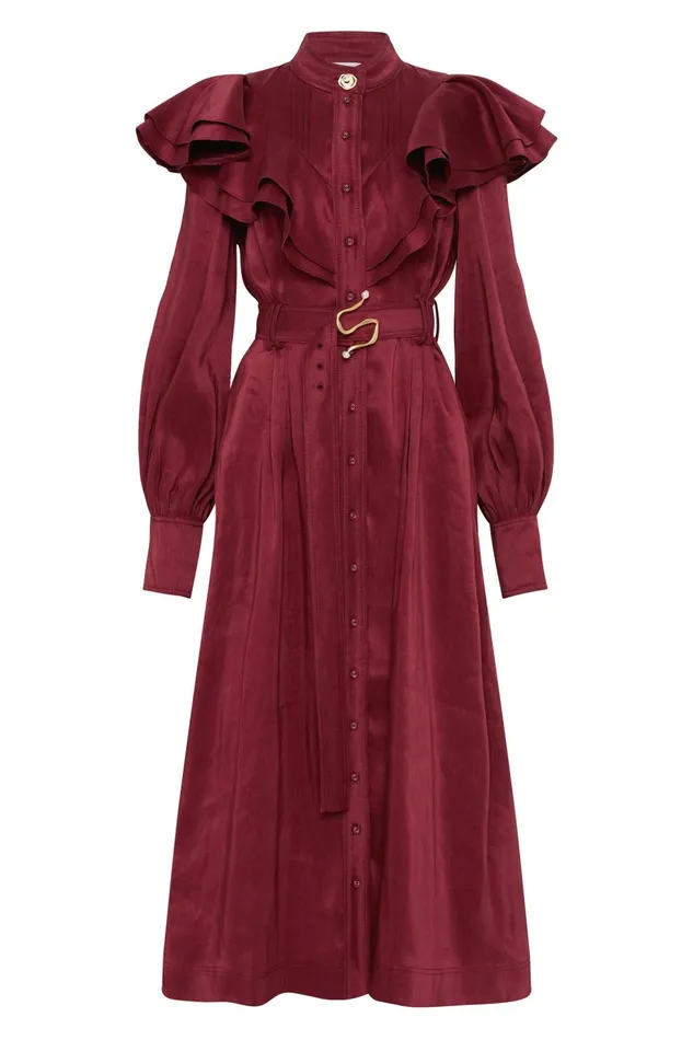 Women Isabella Belted Midi Dress Mahogany Red Aje Dresses