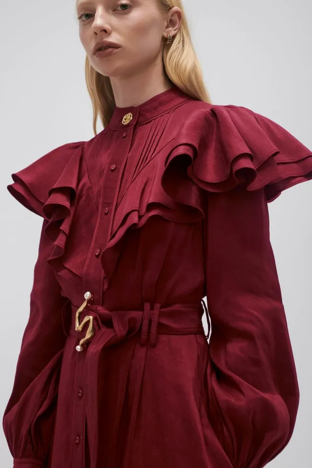 Women Isabella Belted Midi Dress Mahogany Red Aje Dresses