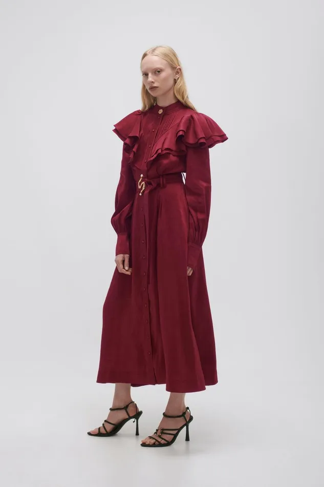 Women Isabella Belted Midi Dress Mahogany Red Aje Dresses