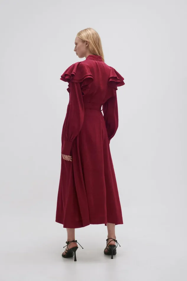 Women Isabella Belted Midi Dress Mahogany Red Aje Dresses
