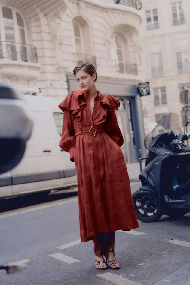 Women Isabella Belted Midi Dress Mahogany Red Aje Dresses