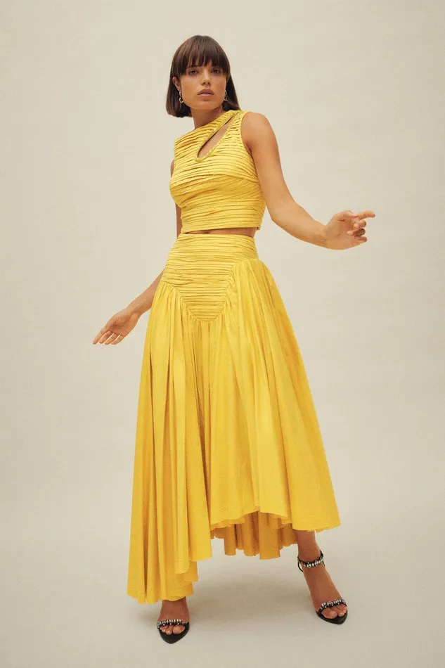 Women Jolie Asymmetric Midi Skirt Sun Shower Yellow Aje Skirts