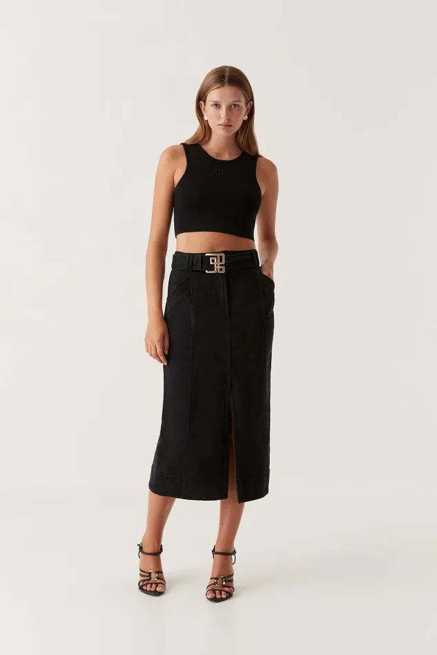 Women Lola Denim Midi Skirt Black Aje Denim