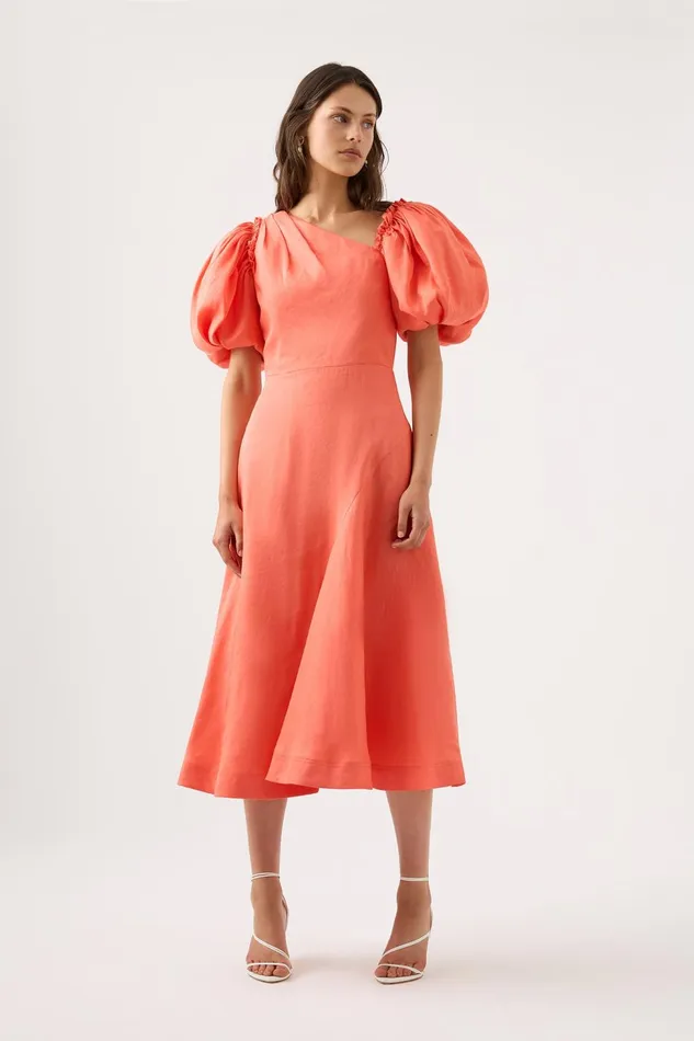 Women Maia Off Shoulder Midi Dress Coral Aje Dresses