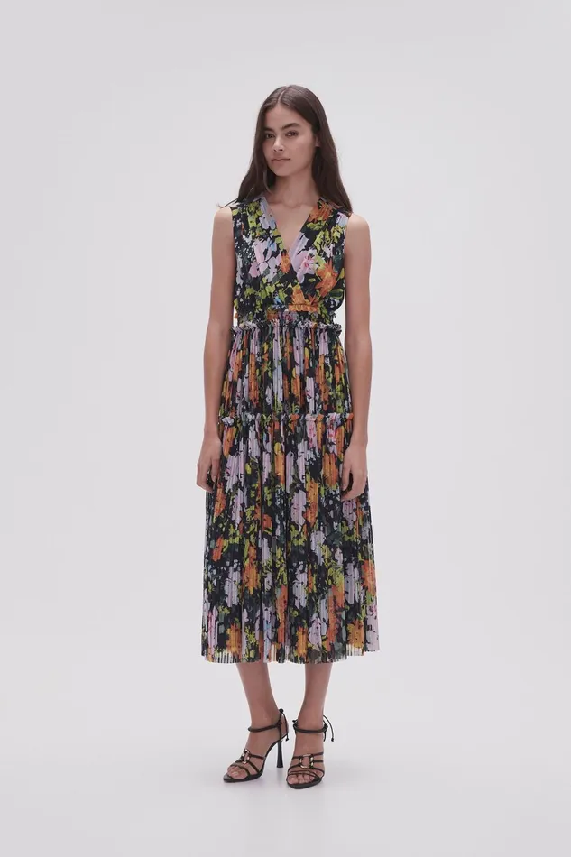 Women Marlowe Shirred Midi Dress Midnight Floral Aje Dresses