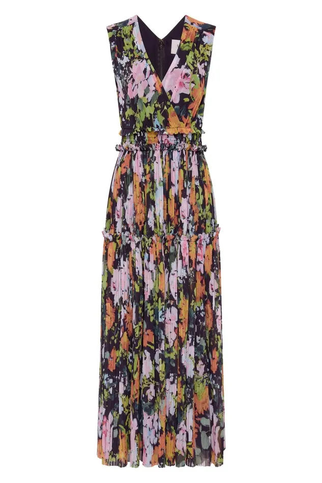 Women Marlowe Shirred Midi Dress Midnight Floral Aje Dresses