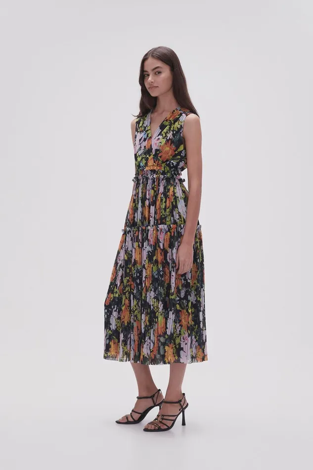 Women Marlowe Shirred Midi Dress Midnight Floral Aje Dresses