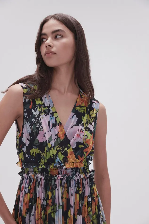 Women Marlowe Shirred Midi Dress Midnight Floral Aje Dresses