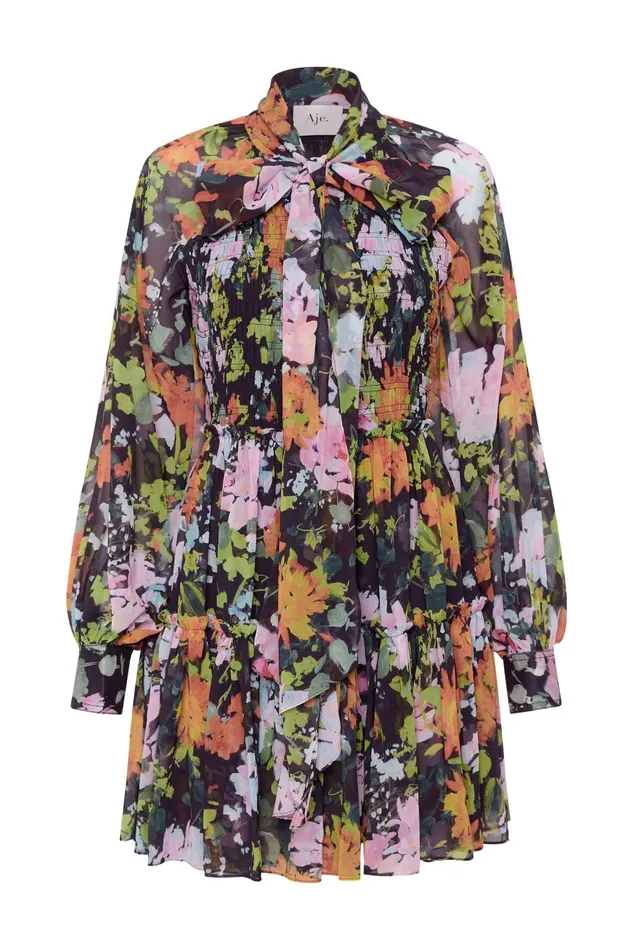Women Marlowe Shirred Mini Dress Midnight Floral Aje Dresses