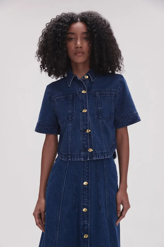 Women May Denim Cropped Shirt Dark Indigo Aje Tops