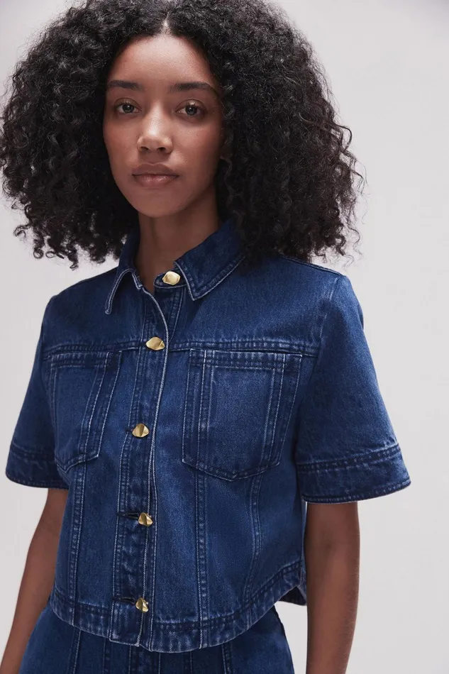 Women May Denim Cropped Shirt Dark Indigo Aje Tops