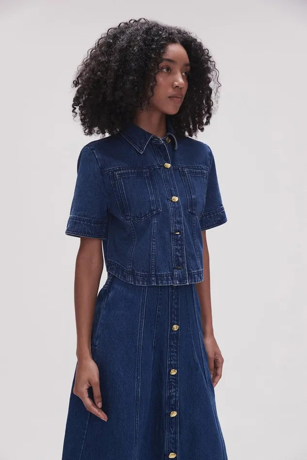 Women May Denim Cropped Shirt Dark Indigo Aje Tops