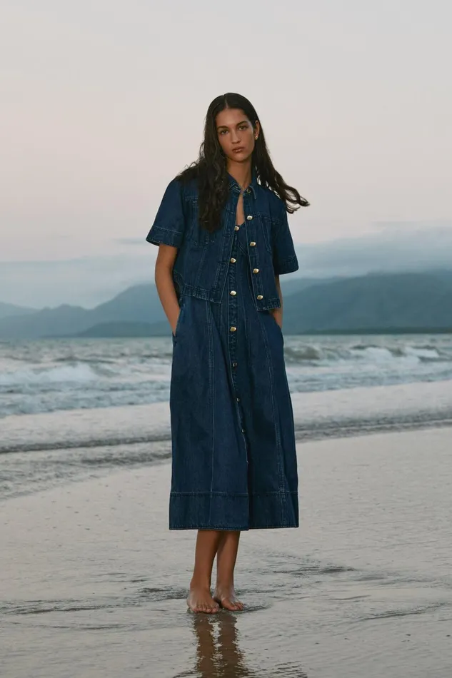 Women May Denim Cropped Shirt Dark Indigo Aje Tops