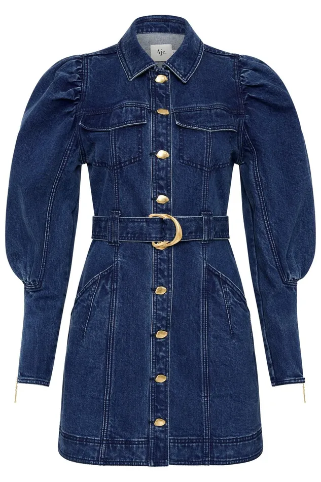 Women May Denim Long Sleeve Dress Dark Indigo Aje Dresses