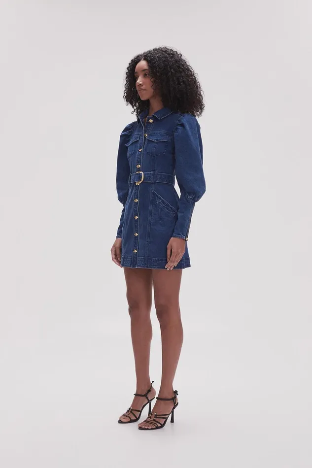 Women May Denim Long Sleeve Dress Dark Indigo Aje Dresses