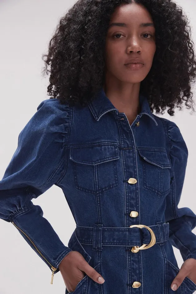 Women May Denim Long Sleeve Dress Dark Indigo Aje Dresses
