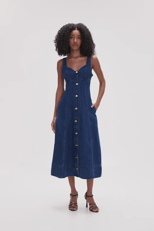 Women May Denim Midi Dress Dark Indigo Aje Denim