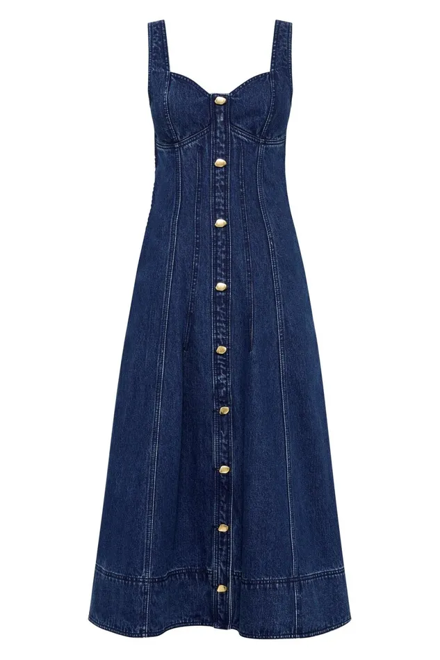 Women May Denim Midi Dress Dark Indigo Aje Denim